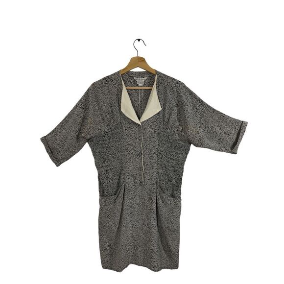 Mariella Burani Gray 3/4 Sleeve Mini Dress Size 12 Collared Smocked Button Front - Picture 1 of 10